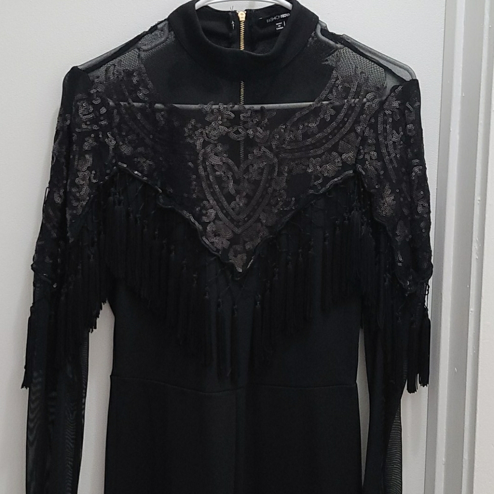 Black Jumpsuit With Sequin and Tassel Detail